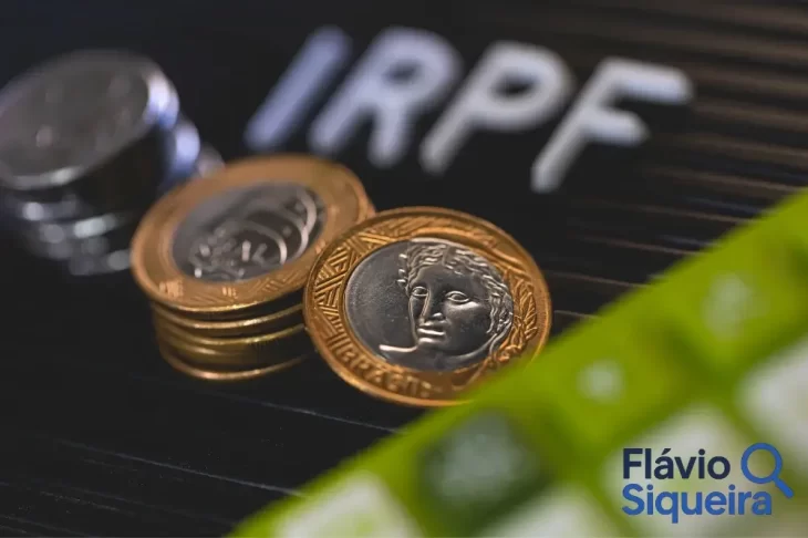 Moedas de real empilhadas em frente à sigla IRPF, simbolizando o imposto de renda e a organização das finanças para declaração anual obrigatória.