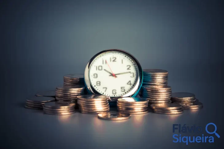 Relógio analógico rodeado por pilhas de moedas, representando a reflexão sobre o uso inteligente do tempo no acúmulo ou crescimento do dinheiro.