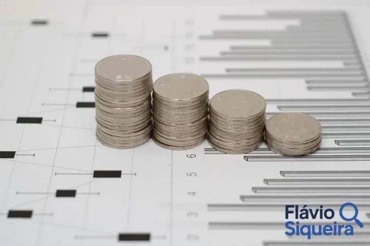 Pilhas de moedas sobre gráficos financeiros, simbolizando a formação de uma reserva de emergência como proteção contra imprevistos.