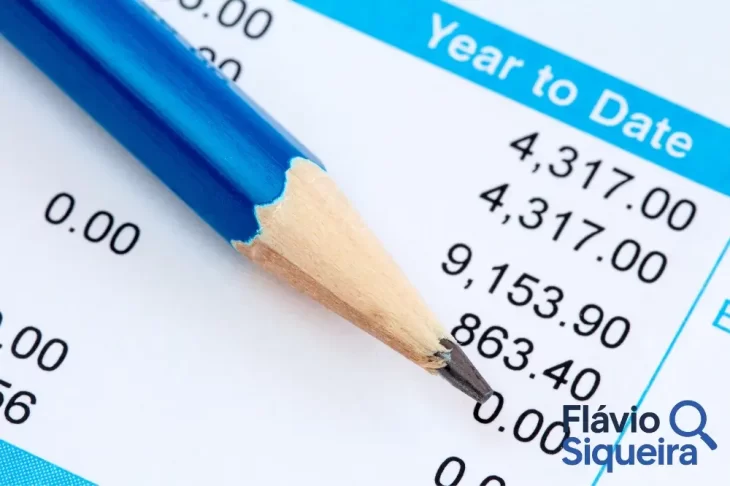 Lápis azul sobre uma folha com valores numéricos e coluna "Year to Date". A imagem remete ao controle de dívidas e ao parcelamento Simples Nacional. Logotipo Flávio Siqueira no canto inferior direito.