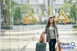 Mulher caminhando com mala e bolsa, simbolizando a decisão de morar fora do Brasil.