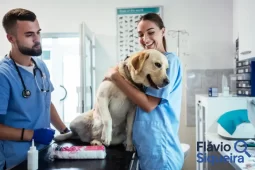 Veterinários atendendo um cachorro em clínica, representando a importância de ter um plano de saúde para pet.