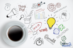 Ilustração sobre economia criativa com xícara de café e desenhos de ideias, inovação e planejamento, representando o conceito de negócios criativos.