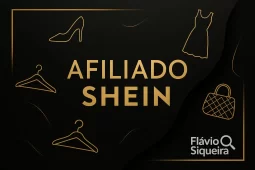 Imagem promocional com fundo preto e elementos dourados exibindo o texto Afiliado Shein com a logo Flávio Siqueira no canto inferior direito.
