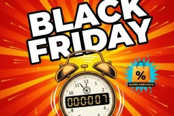 Imagem de promoção de Black Friday com despertador dourado marcando contagem regressiva e fundo vermelho com faixas de luz.