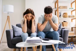 Casal preocupado analisando contas e boletos em casa, representando o impacto emocional de uma Dívida Caduca.