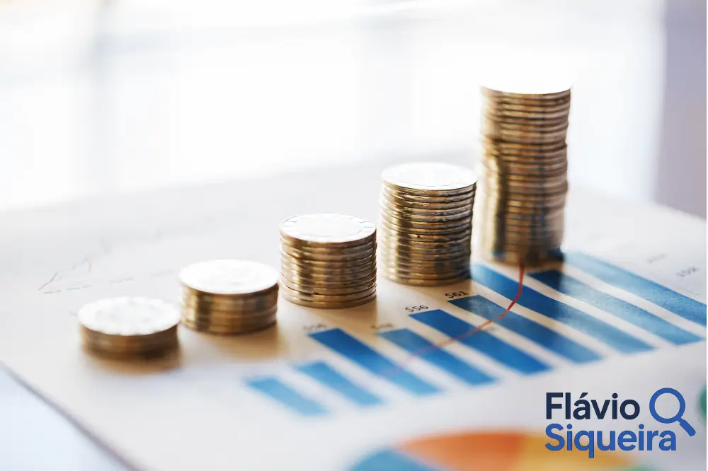 Pilhas de moedas sobre gráfico financeiro, representando o impacto da Selic na economia e nas finanças pessoais.