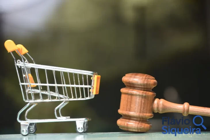 Carrinho de compras ao lado de um martelo de juiz, representando os direitos do consumidor.