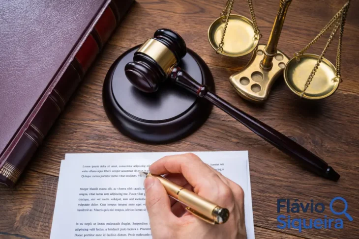 Bloqueio judicial de conta, martelo do juiz e balança da justiça sobre mesa, com mão assinando um documento, simbolizando ordem judicial e restrição bancária.